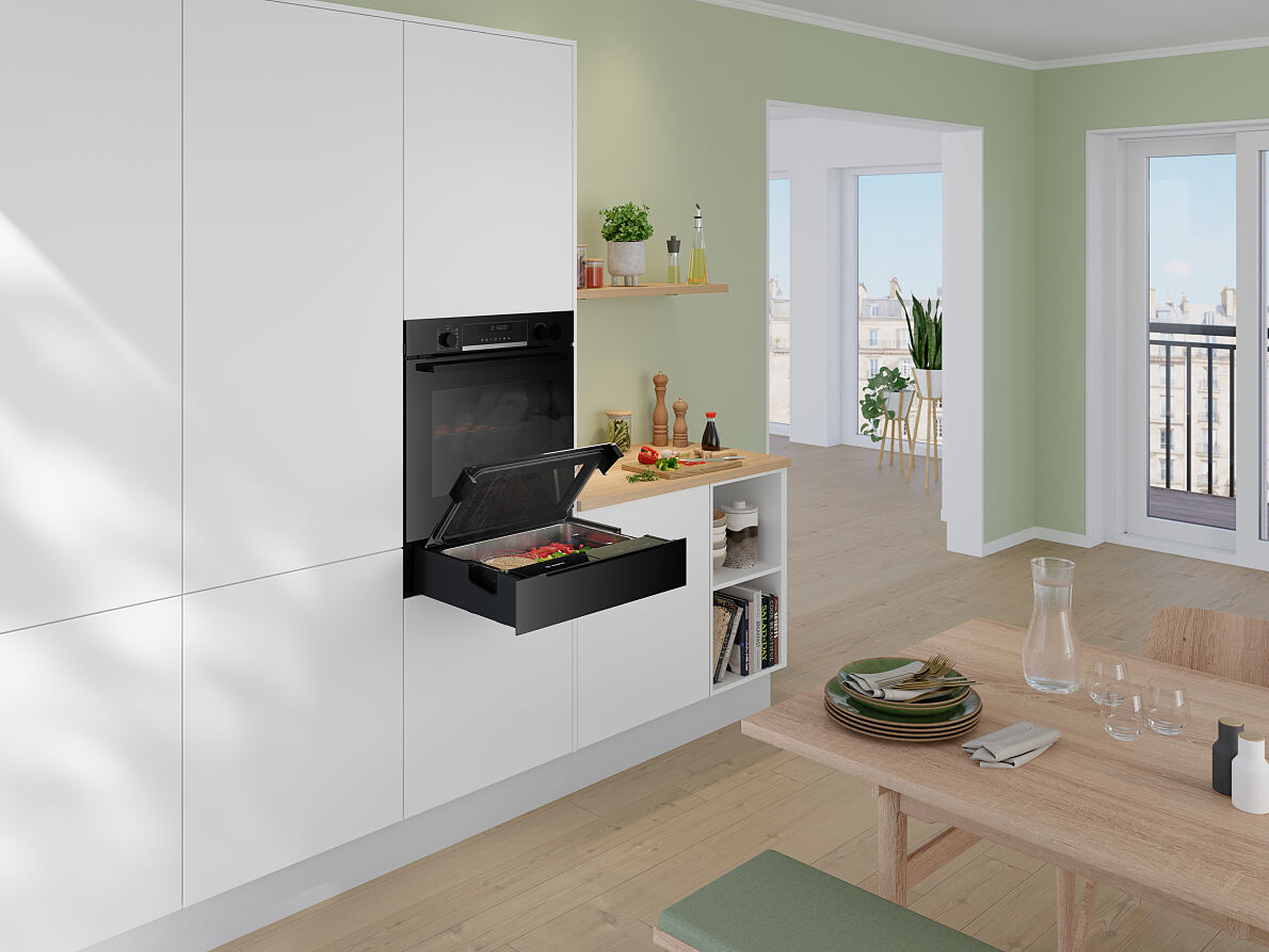 Schonendes Garen auf kleinstem Raum. Bosch präsentiert erste Dampfschublade.