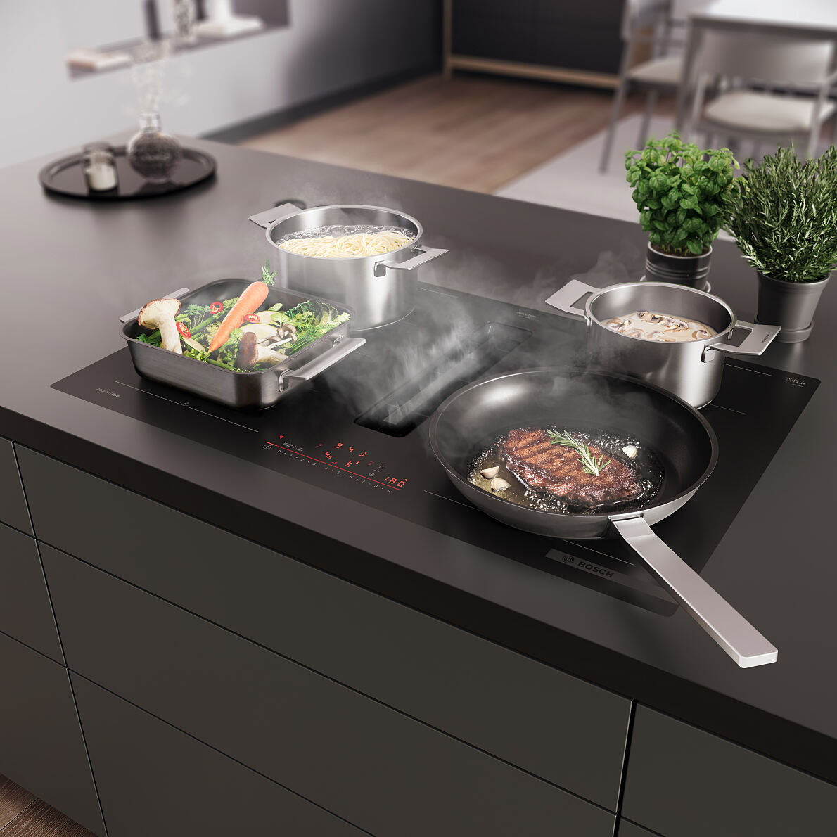 Bosch präsentiert neue Kochfelder mit Dunstabzug mit XL Flex Zonen im Matt Design