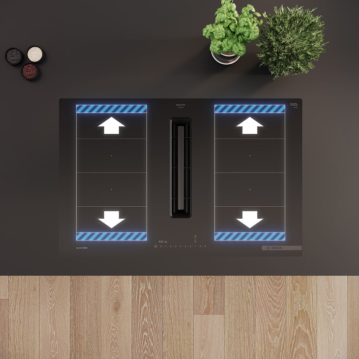 Bosch präsentiert neue Kochfelder mit Dunstabzug mit XL Flex Zonen im Matt Design